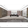 Modern Spacious Office Interior Design With Sofa Coffee Table Display Shelving And Marble Flooring 3d model