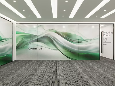 Public Office Area With Green Wavy Wall Creative Lettering Meeting Sign Gray Carpet White Lights 3d model
