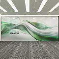 Public Office Area With Green Wavy Wall Creative Lettering Meeting Sign Gray Carpet White Lights