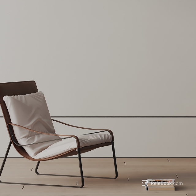 Modern Accent Chair With Brown Frame And White Cushion Against Light Wall And Wooden Floor 3d model 