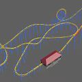 Roller Coaster Amusement Ride with Yellow Tracks Blue Supports and Red Roofed Station Building