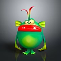 3D Green Cartoon Monster Character With Yellow Fin Ears Red Mouth Sharp Teeth And Antennae