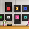 Colorful Circular Wall Hangings In Black Frames With Living Room Decor Elements 3d model