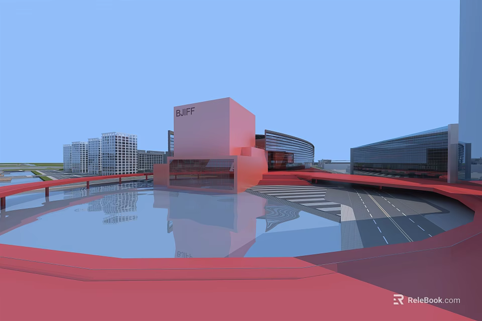 Urban Modern Red Building Complex With Reflection Pool And Surrounding High rise Structures 3d model