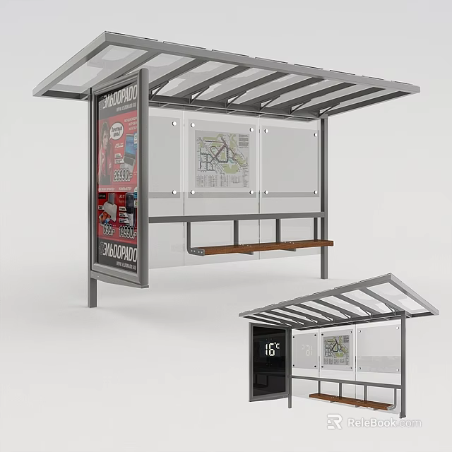 Modern Bus Shelter With Slatted Canopy Wooden Bench And Map 3d model 