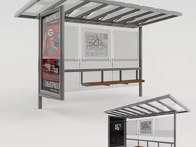Modern Bus Shelter With Slatted Canopy Wooden Bench And Map 3d model
