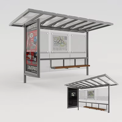 Modern Bus Shelter With Slatted Canopy Wooden Bench And Map 3d model