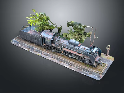 Vintage Rusted Steam Train Model With Green Foliage On Display Base 3d model