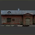 Red Brick Building Model With Blue Metal Roof Chimney Wooden Door And Windows