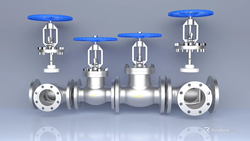 Industrial Metal Pipe Assemblies With Blue Valves And Flanged Ends 3d model 
