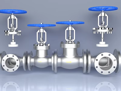 Industrial Metal Pipe Assemblies With Blue Valves And Flanged Ends 3d model