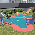 Outdoor Park Playground With Green Grass Trees Slide Swings And Hoops
