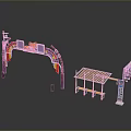 Wooden Outdoor Dining Table With Canopy And Decorative Purple Orange Arches Design