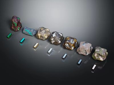 Natural Stone Pieces With Different Colors Textures And Rectangular Metal Blocks 3d model