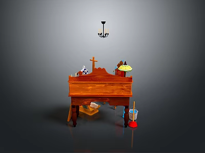 Wooden Decorative Altar Setup With Cross Statue Lamp Bucket And Tools 3d model
