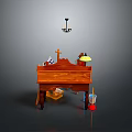 Wooden Decorative Altar Setup With Cross Statue Lamp Bucket And Tools