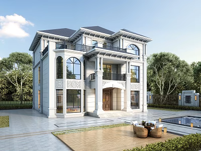 Elegant Two Story Detached Villa With White Exterior Arched Windows And Swimming Pool 3d model