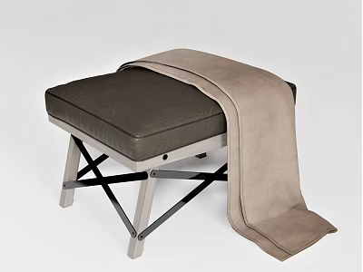 Modern Ottoman With Soft Brown Cushion And Wooden Legs Topped With Cozy Blanket 3d model