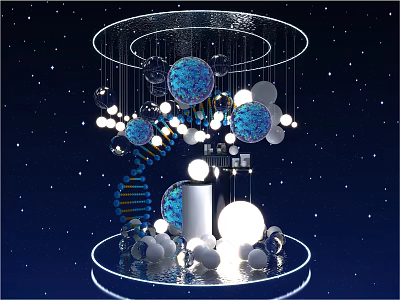 Futuristic 3D Model With DNA Spiral Blue Patterned And White Glowing Spheres On Starry Background 3d model