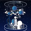 Futuristic 3D Model With DNA Spiral Blue Patterned And White Glowing Spheres On Starry Background