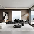 Modern Living Dining Room Interior With Large Windows Mountain View Black Sofa Round Coffee Table 3d model