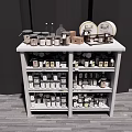 Organized White Bathroom Shelf with Multiple Storage Jars and Containers 3d model