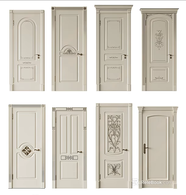 White Hinged Doors Featuring Various Carved Details and Decorative Panel Designs 3d model