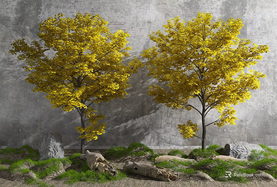 Two Yellow Leaf Arbor Trees Growing With Stones Grass And Logs Against Gray Wall 3d model 