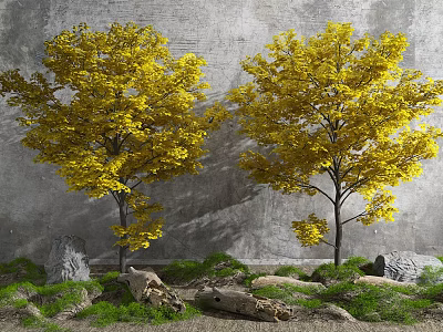 Two Yellow Leaf Arbor Trees Growing With Stones Grass And Logs Against Gray Wall 3d model