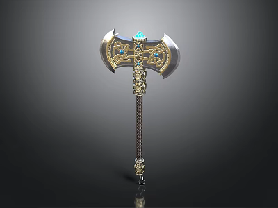 Sculpted Axe Carving With Metal Head Blue Gemstones And Golden Decorations On Handle 3d model