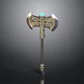 Sculpted Axe Carving With Metal Head Blue Gemstones And Golden Decorations On Handle