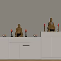 White Buddhist Shrine Cabinet with Golden Buddha Statues Candles and Fruit Offerings