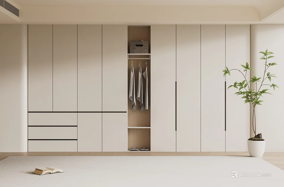 Modern Light Colored Wardrobe With Open Compartment Hanging Area And Drawers Near Potted Plant 3d model 