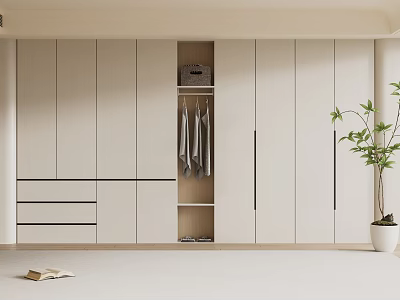 Modern Light Colored Wardrobe With Open Compartment Hanging Area And Drawers Near Potted Plant 3d model
