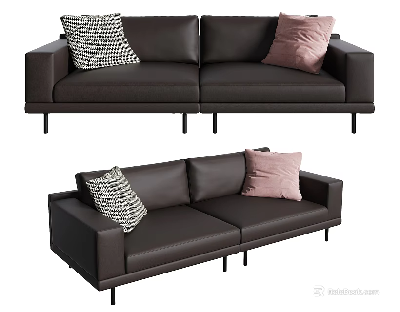 Stylish Brown Leather Two Seater Sofa With Black White Striped And Pink Pillows Black Legs 3d model 