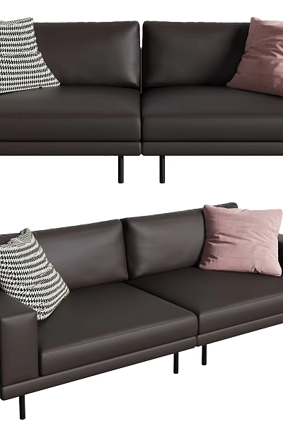Stylish Brown Leather Two Seater Sofa With Black White Striped And Pink Pillows Black Legs 3d model