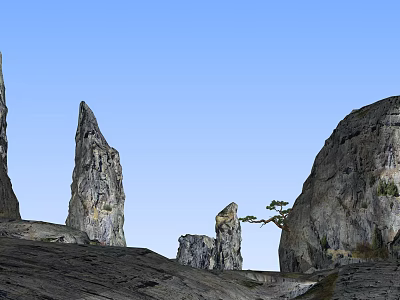 Majestic Rock Landscape With Towering Pillars Lone Pine Tree And Clear Blue Sky 3d model