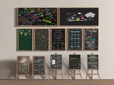 Decorative Chalkboard Displays With Wall And Standing Easels Featuring Handwritten Art 3d model