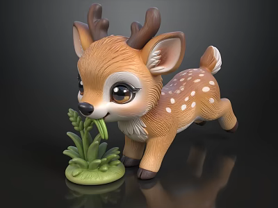 Adorable Brown Deer Doll With White Spots Big Ears Eating Green Grass 3d model