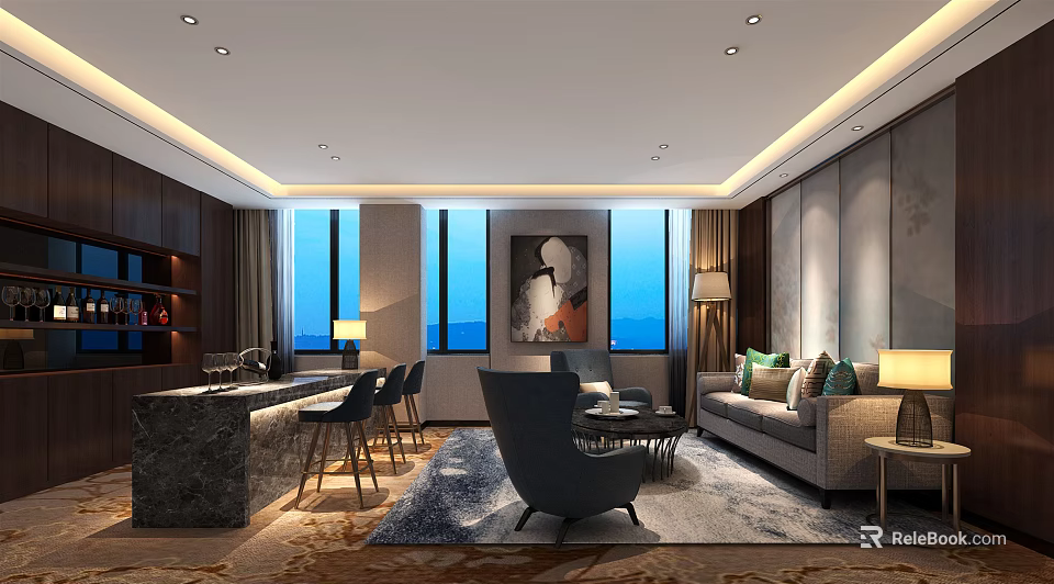 Modern Hotel Room Interior Design With Sofa Armchair Coffee Table And Large Windows 3d model 