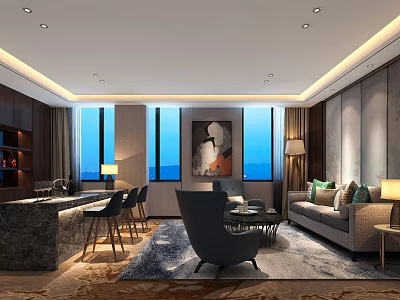 Modern Hotel Room Interior Design With Sofa Armchair Coffee Table And Large Windows 3d model