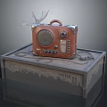 Vintage Radio Speaker Featuring Retro Design Placed On Wooden Box With Dragonfly Decoration