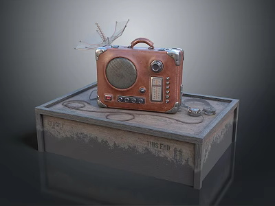 Vintage Radio Speaker Featuring Retro Design Placed On Wooden Box With Dragonfly Decoration 3d model