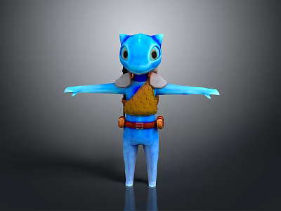 3D Blue Game And Movie Character With Big Eyes Brown Vest Red Belt Arms Outstretched 3d model