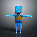 3D Blue Game And Movie Character With Big Eyes Brown Vest Red Belt Arms Outstretched