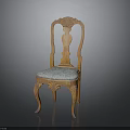 Classic Wooden Carved Chair With Blue Patterned Fabric Seat And Curved Legs