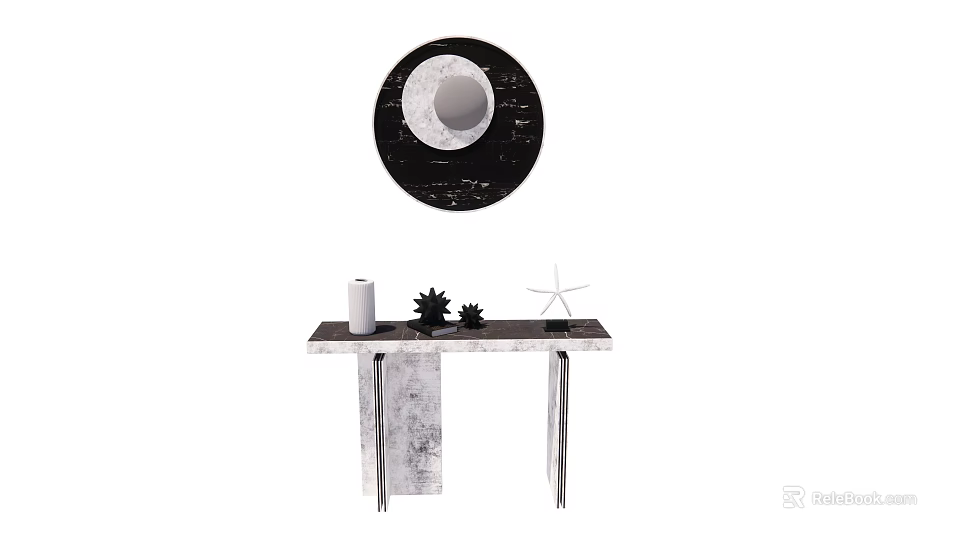 Modern Console Table With Round Mirror Decorative Candle Small Plant And Star Ornament 3d model 