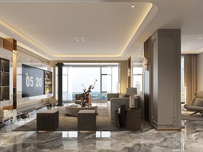 Modern Living Dining Room Interior With Marble Floor Sofa TV Unit And Large Window 3d model