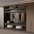 Modern Wooden Wardrobe Interior With Hanging Area Storage Boxes And Handbag