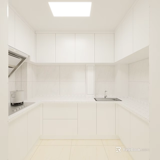 Modern White Kitchen Interior With Cabinets Countertops Sink And Range Hood 3d model 
